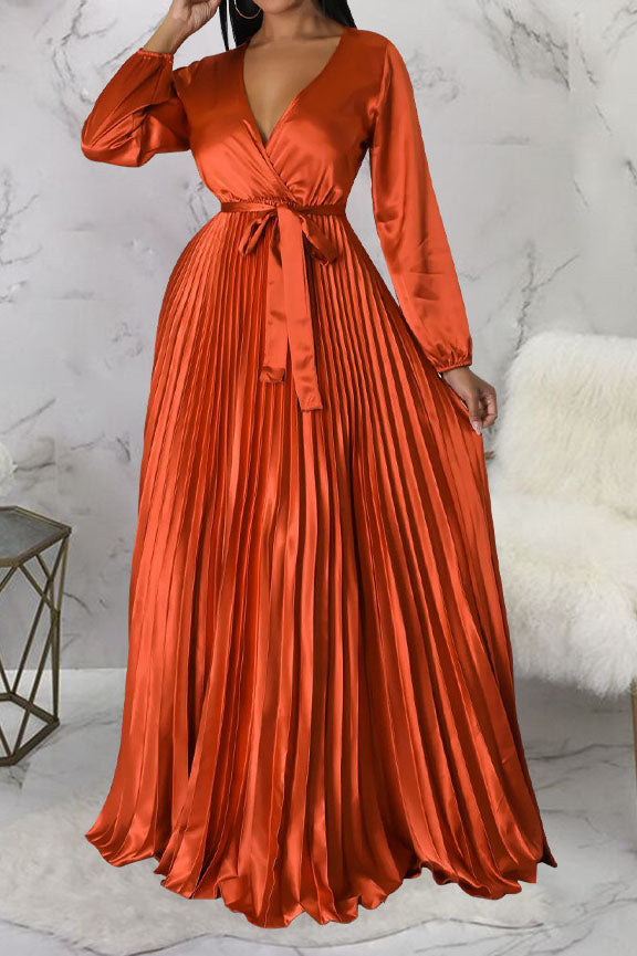 Faux Silk Pleated Tie-Waist Maxi Dress Lavish Daily