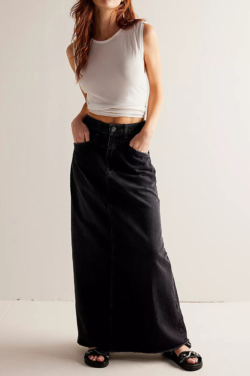 Loose Straight Denim Maxi Skirt Lavish Daily