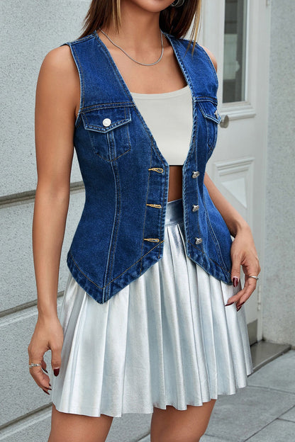 Tailored V-Hem Button Front Denim Vest LavishDaily