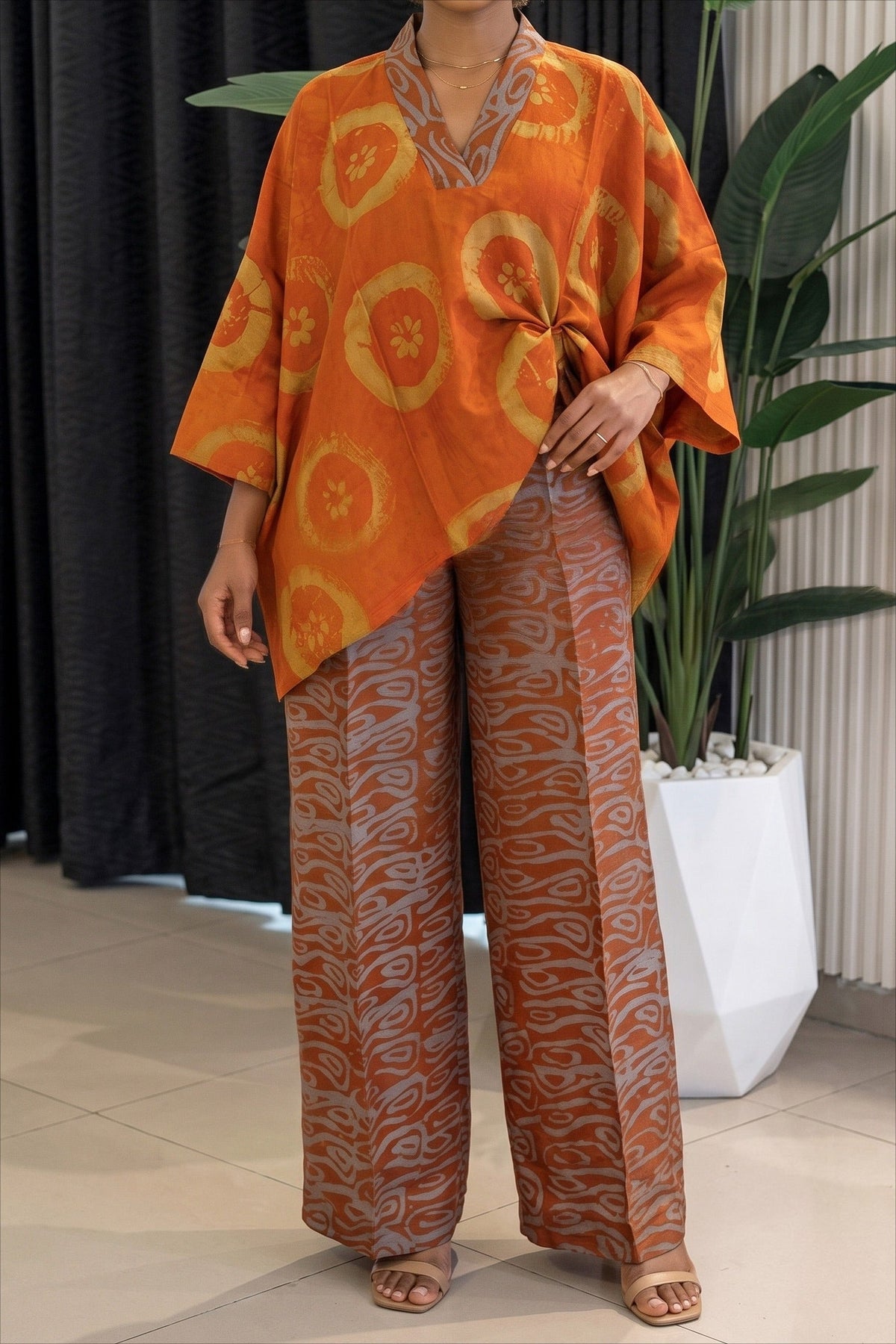 Abstract Print Kaftan & Wide Leg Pants Set Lavish Daily