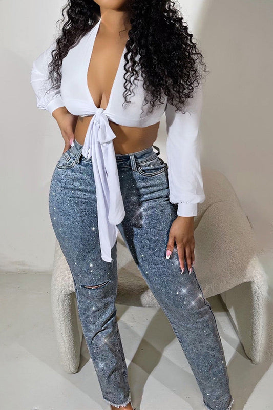 Rhinestone Skinny Raw Hem Jeans Lavish Daily