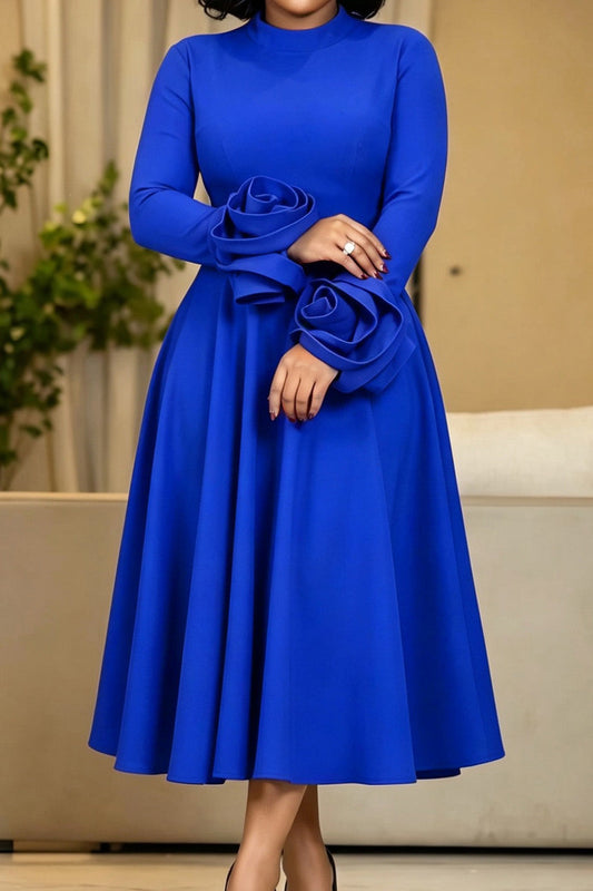 3D Rosette Cuff Flared Midi Dress Lavish Daily