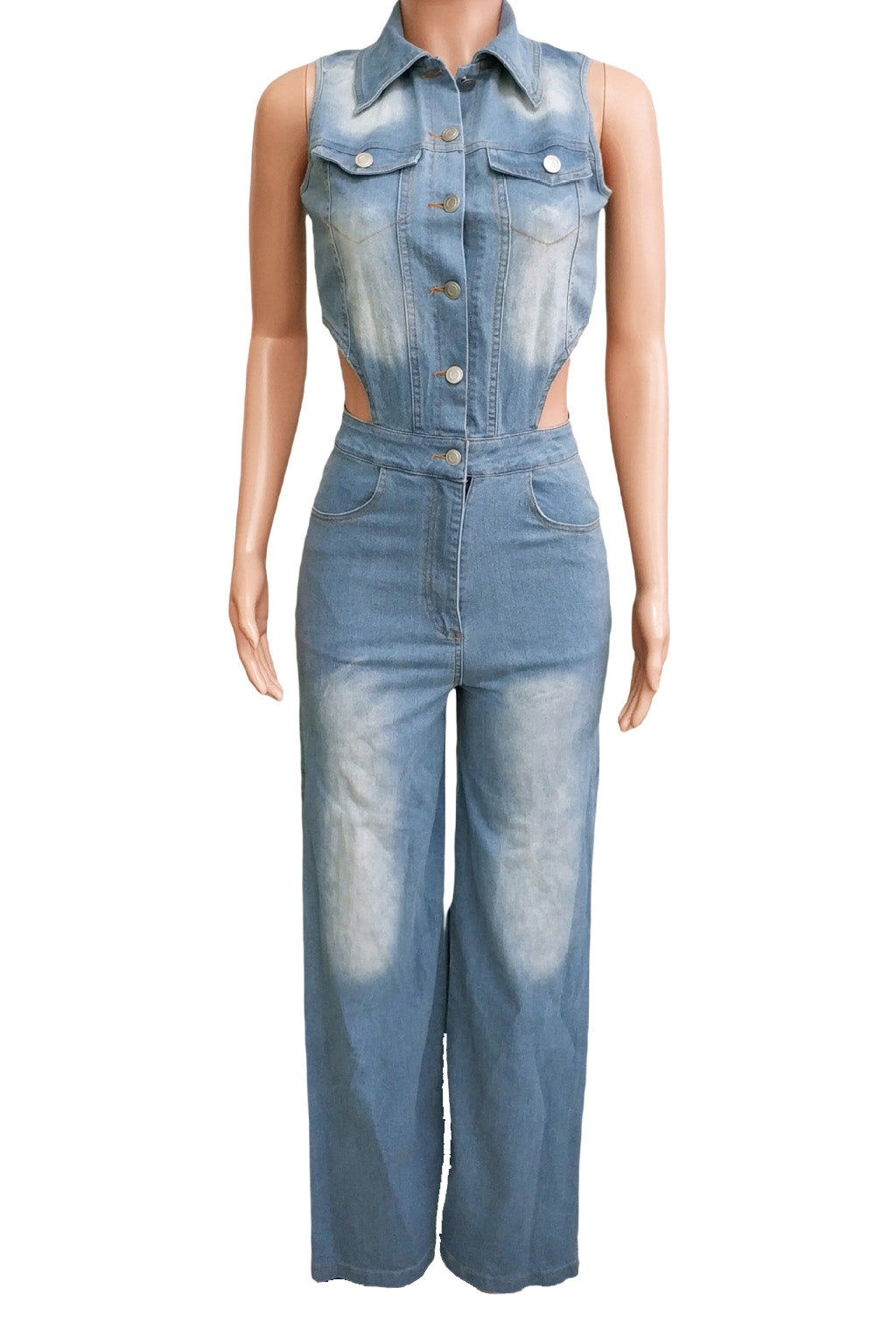 Sleeveless Cut Out Wide Leg Slit  Denim Jumpsuit Lavish Daily