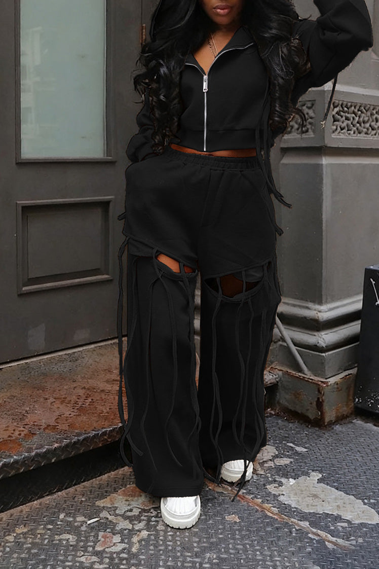 Hooded Zip-Up Sweatshirt & Distressed Wide-Leg Pants Set Lavish Daily