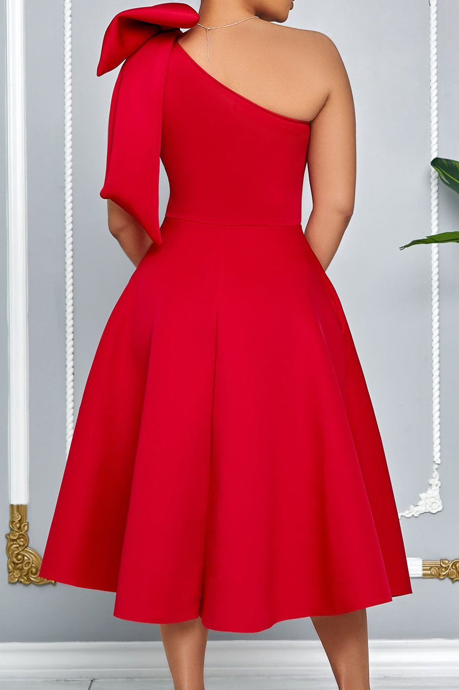 Single Shoulder Bow Detail Flare Midi Dress Lavish Daily