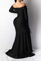 Off-Shoulder Long Sleeve Sweep Train Dress LavishDaily