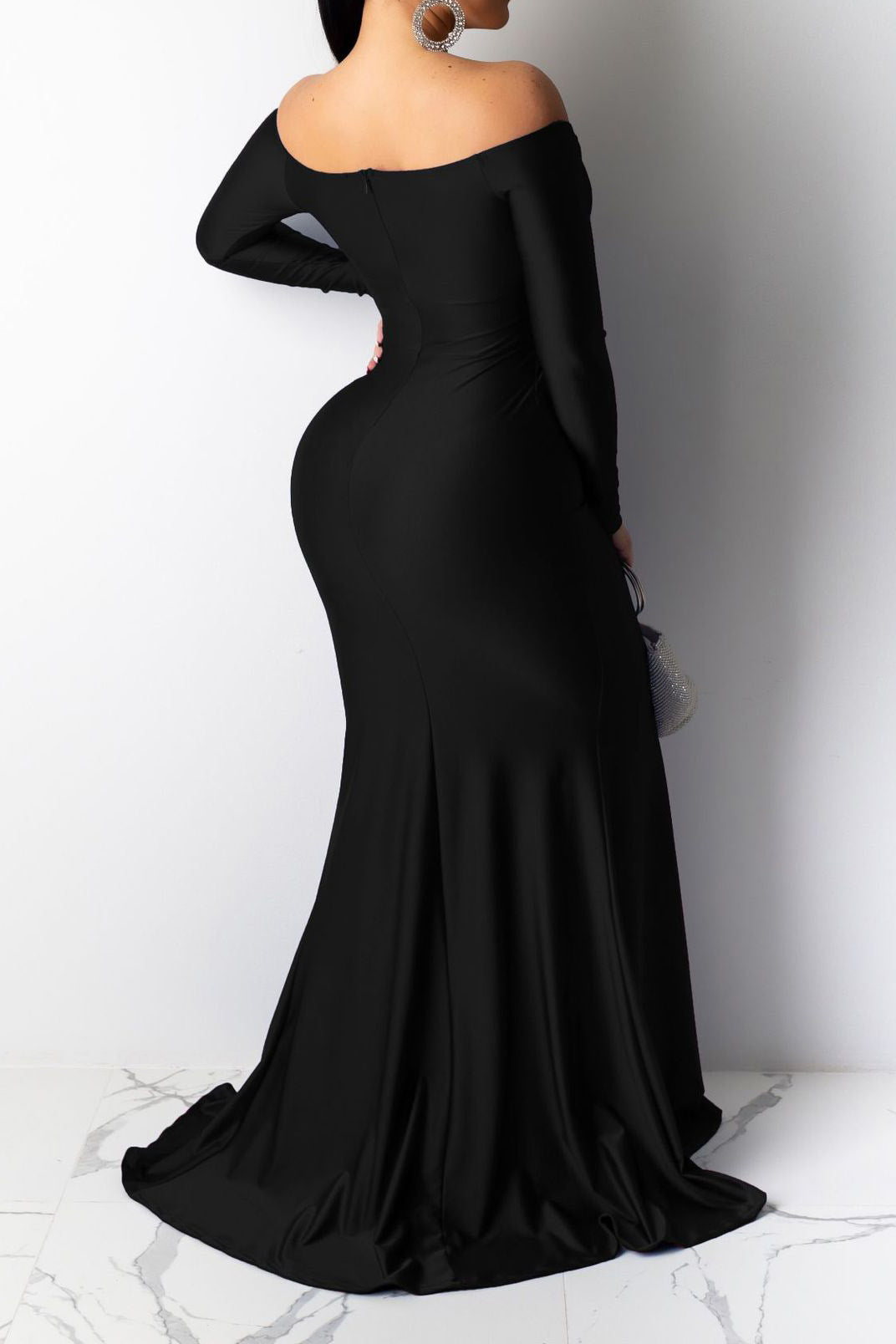 Off-Shoulder Long Sleeve Sweep Train Dress LavishDaily