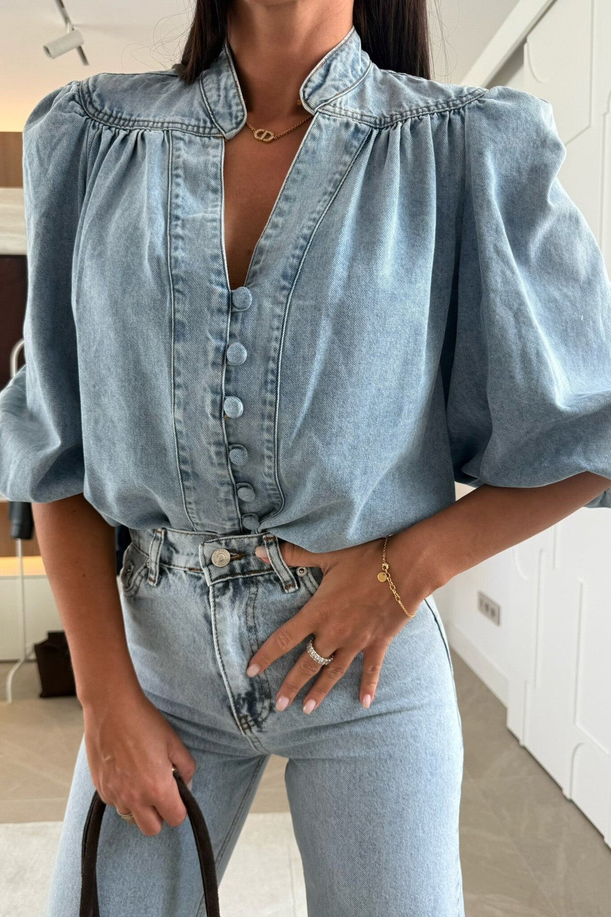 Vintage Lantern Sleeve V-Neck Denim Shirt Lavish Daily