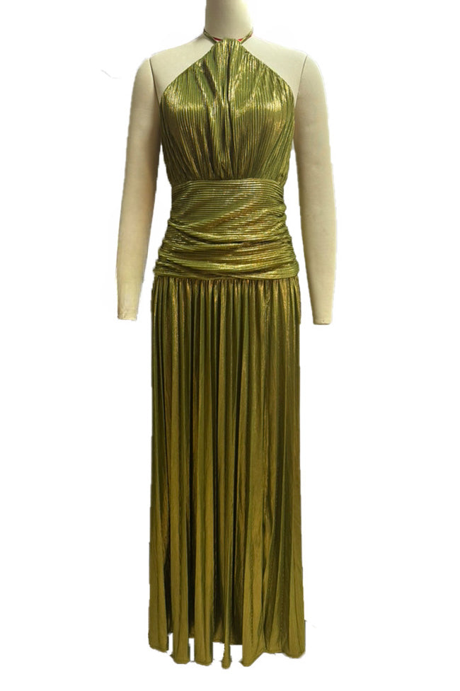 Metallic Pleated Halter Tie Split Dress Lavish Daily