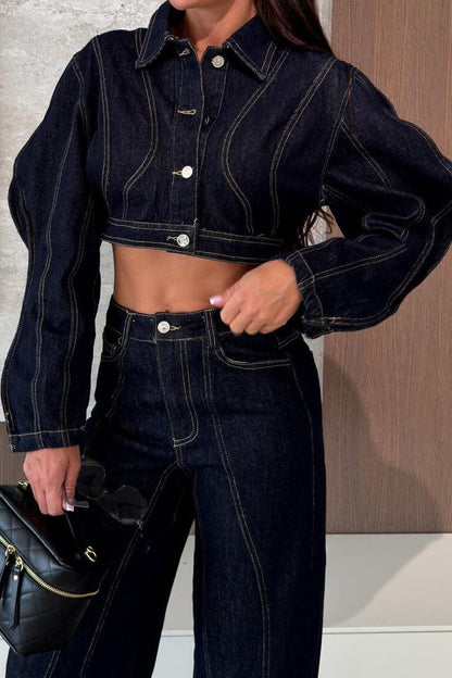 Contrast-Stitch Cropped Denim Jacket Lavish Daily