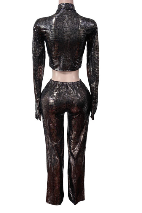 Zip-Front Faux Leather Jacket & Pants Set Lavish Daily