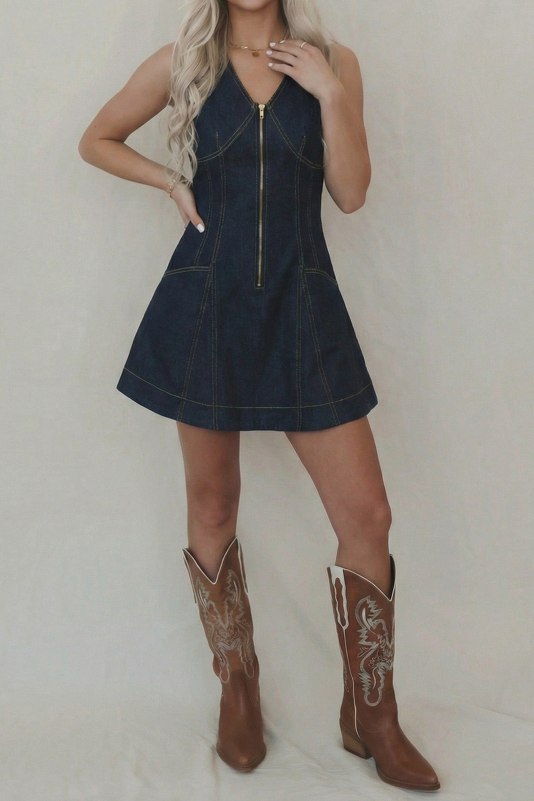 Zip Front Denim Mini Dress Slim Fit Flare Lavish Daily