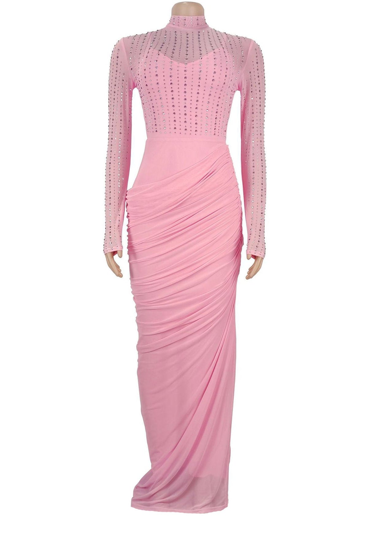 Beaded High-Neck Ruched Mesh Maxi Dress Lavish Daily