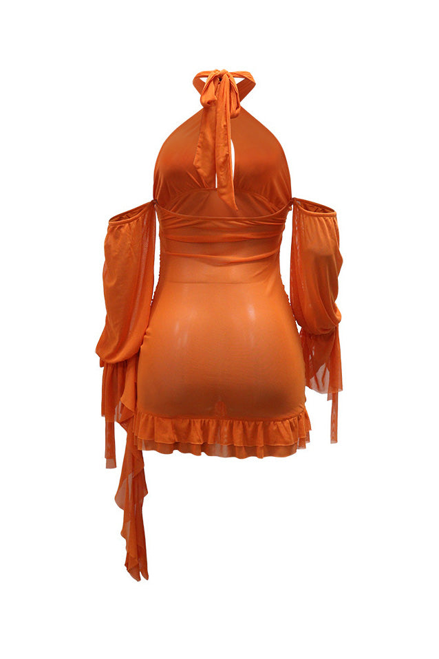 Ruched Mesh Cutout Halter Mini Dress Lavish Daily