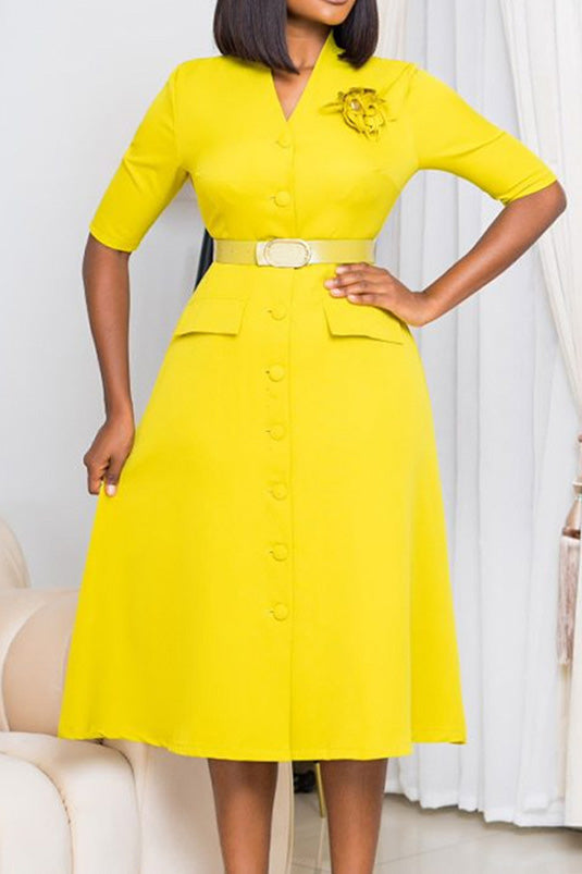 V-Neck Button Front Solid Color Midi Dress Lavish Daily
