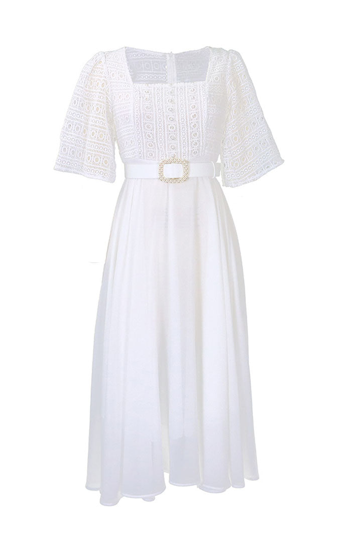 Square Neckline Lace Sleeve Midi Party Dress Lavish Daily