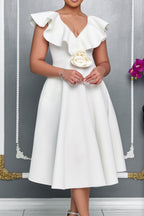 V-Neck Ruffled 3D Flower Detail Flare Midi Dress Lavish Daily