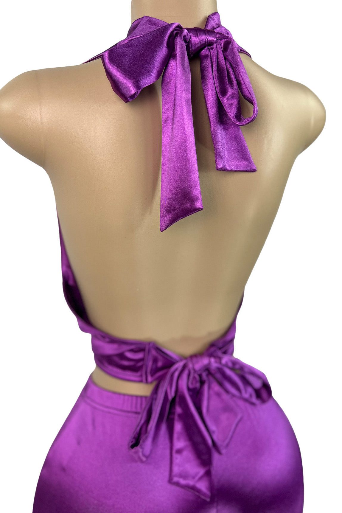 Satin Halter Tie Deep V Neck Top and Pants Set Lavish Daily