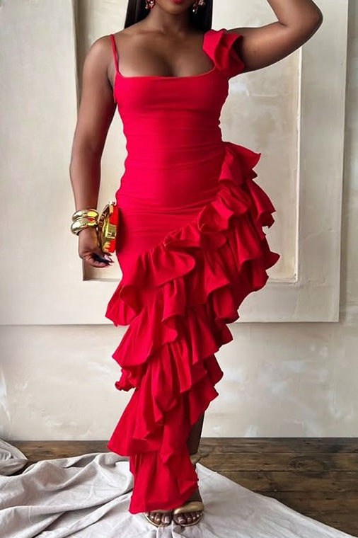 Solid Color Ruffle Hem Spaghetti Strap Dress Lavish Daily