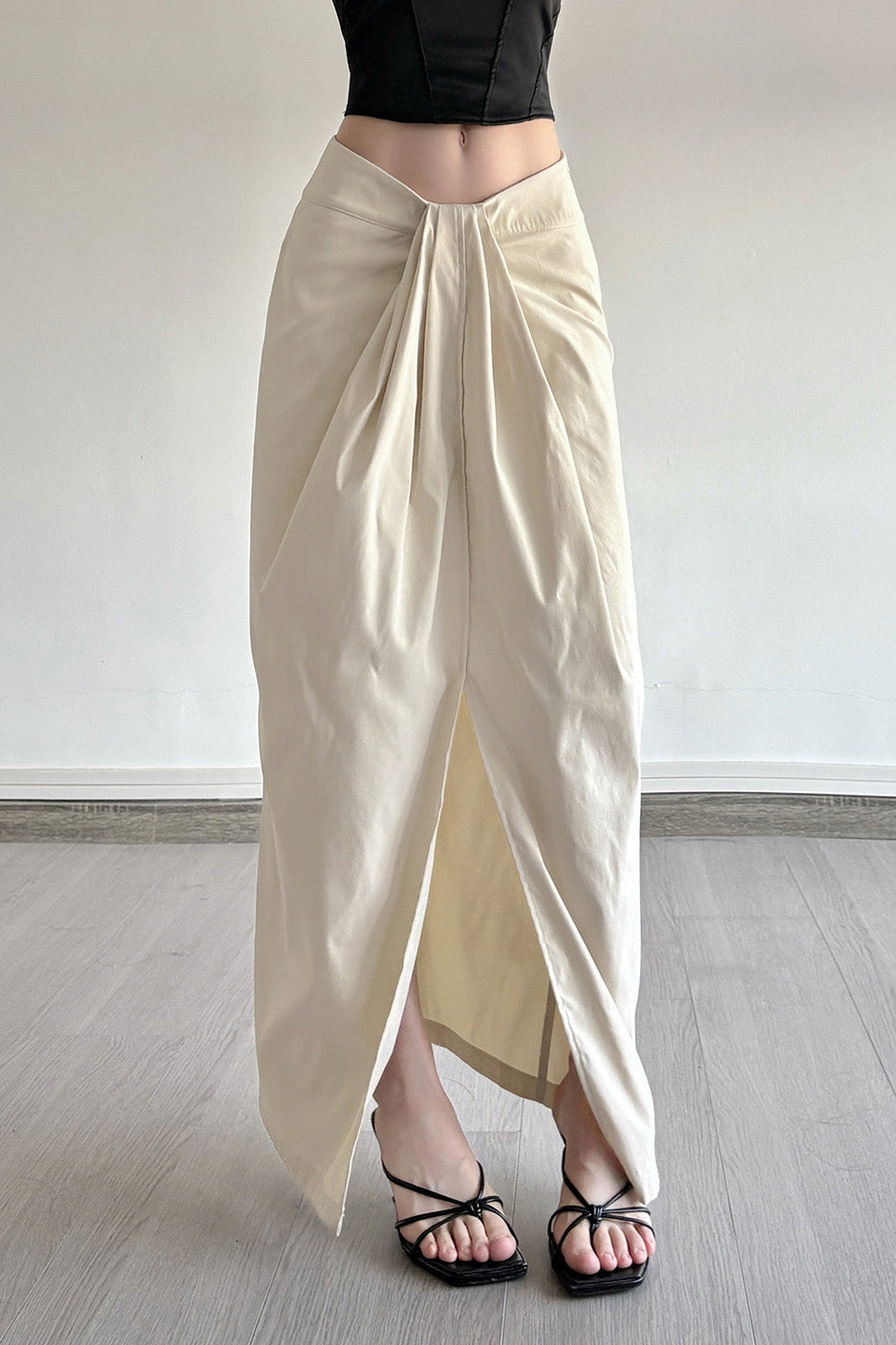 Solid Knot Front Slit Midi Skirt Lavish Daily