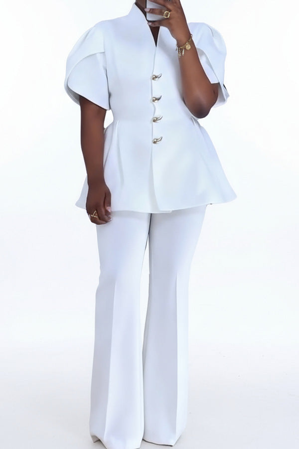 Elegant Puff Sleeve Button Two-Piece Set Lavish Daily