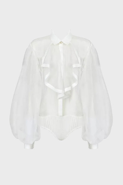 Long Puff Sleeve Lapel Ruffle Shirt Lavish Daily