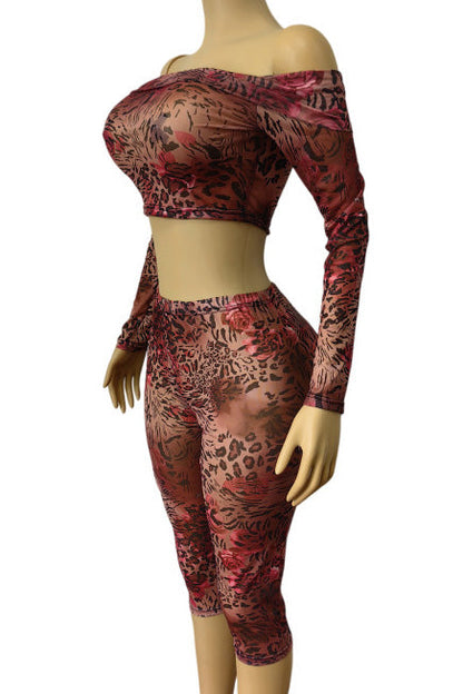 Off Shoulder Mesh Top and Capri Pants Set Lavish Daily