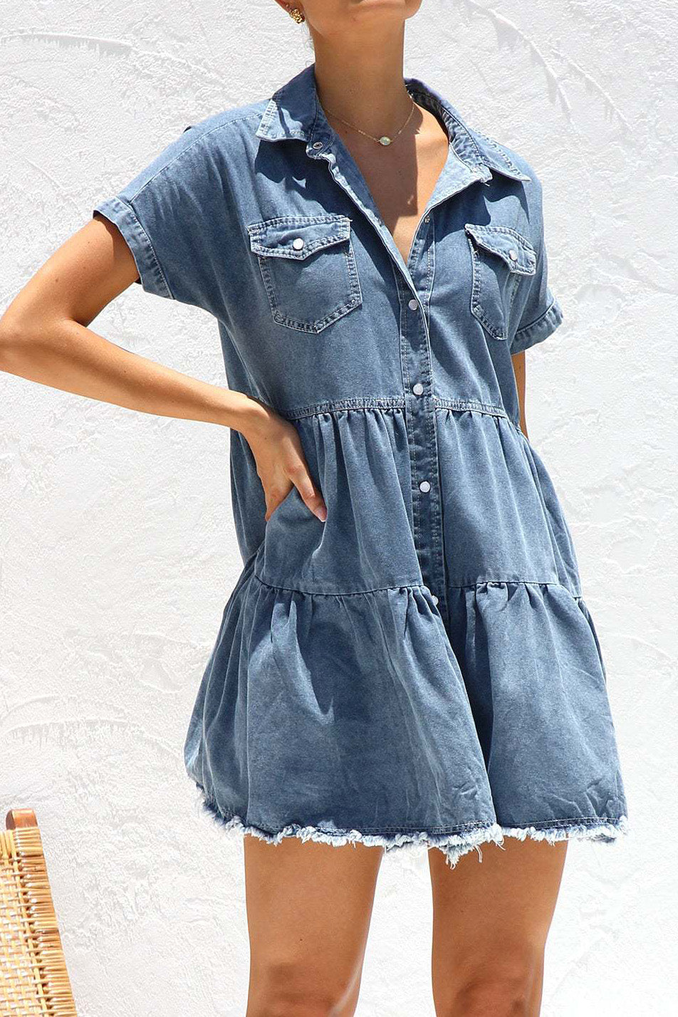 Raw Hem Short Sleeve Denim Dress Lavish Daily