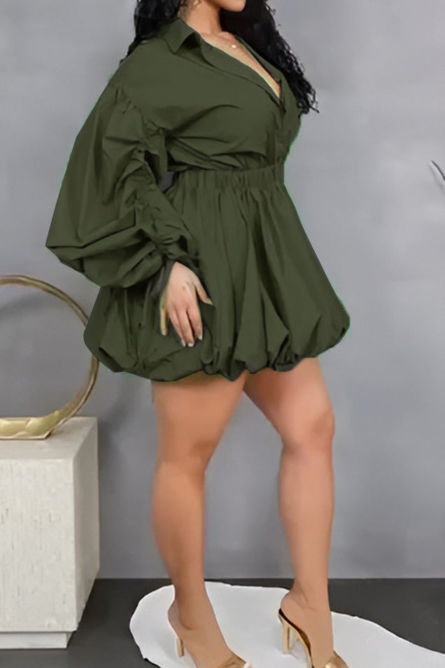 Ruched-Sleeve Button-Front Dress Lavish Daily