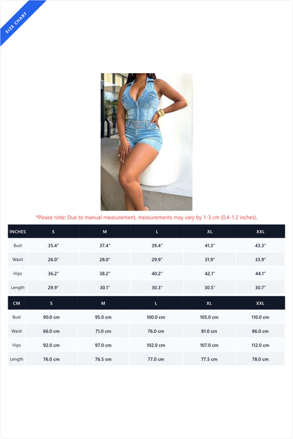 Halter Zip-Up Open Back Belted Denim Romper Lavish Daily