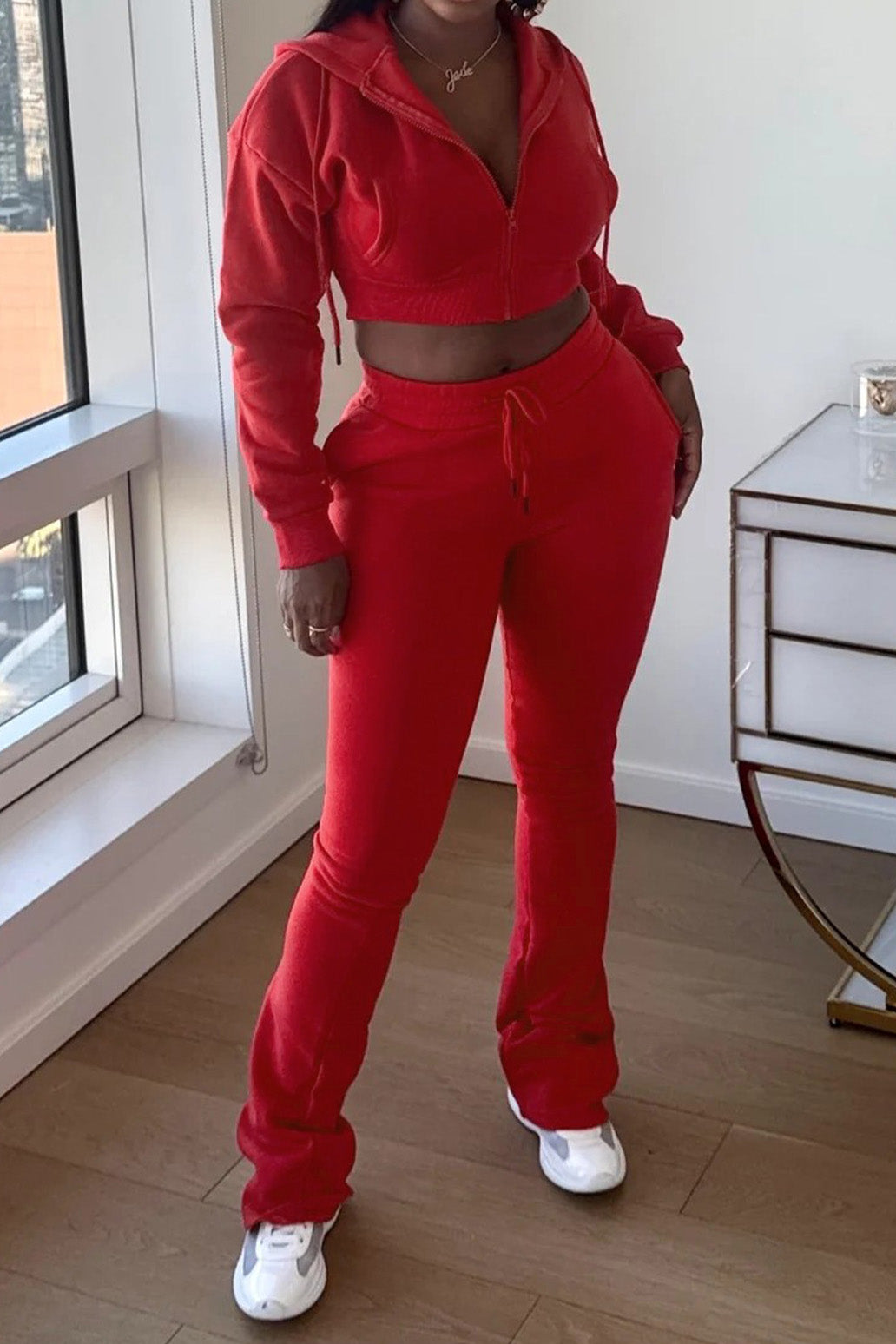 Fleece Hoodie Zip Jacket and Flare Pants Set Lavish Daily