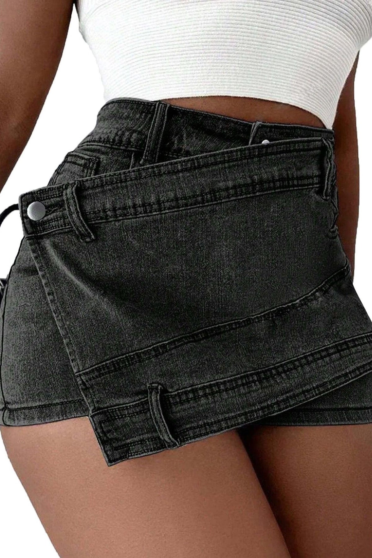 Asymmetrical Wrap Denim Shorts Lavish Daily