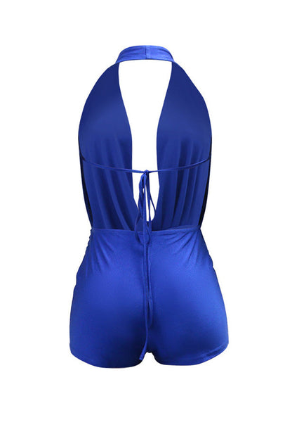 Draped Plunging Halter Backless Romper Lavish Daily