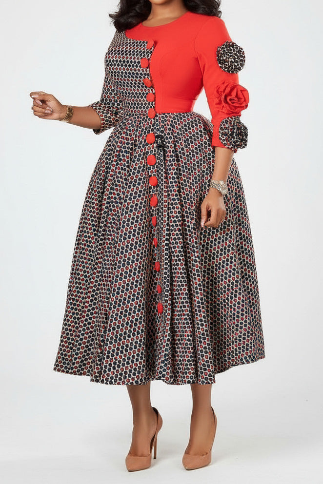 Elegant Round Neck Printed Patchwork Dress Lavish Daily