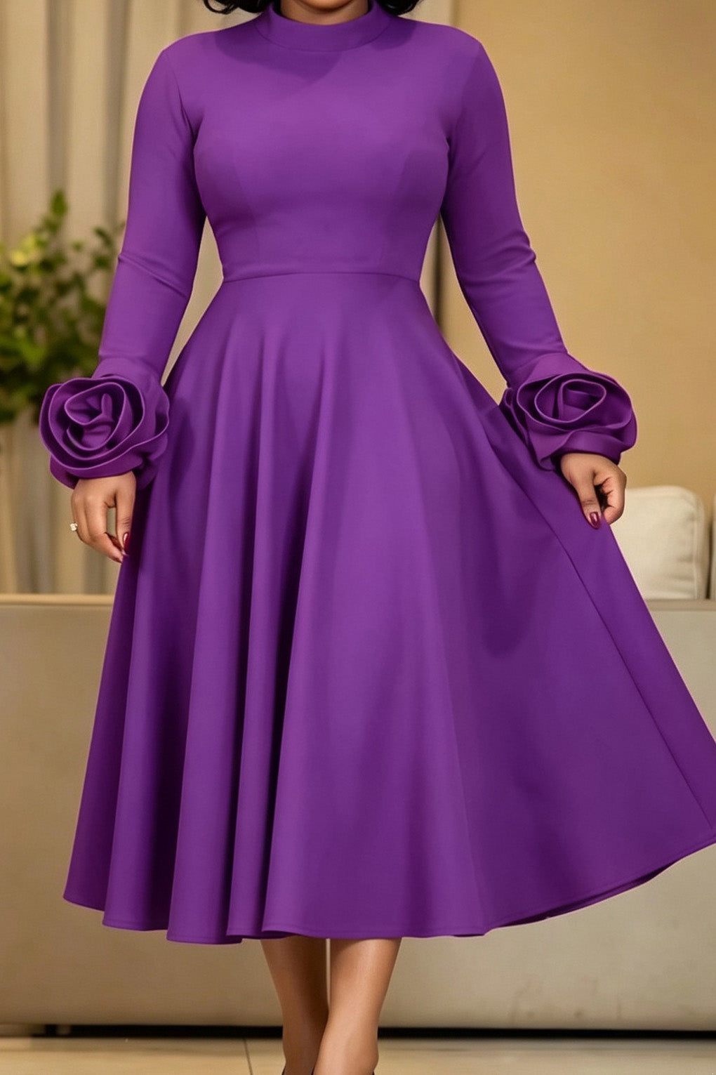 3D Rosette Cuff Flared Midi Dress Lavish Daily