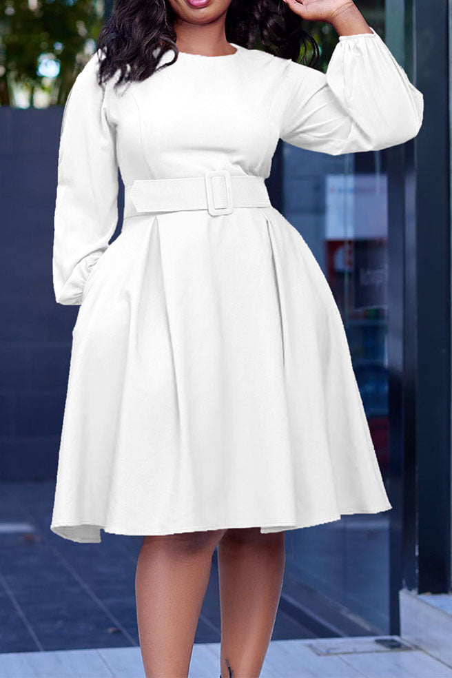 Crew-Neck Long Sleeve High Waisted Dress Lavish Daily