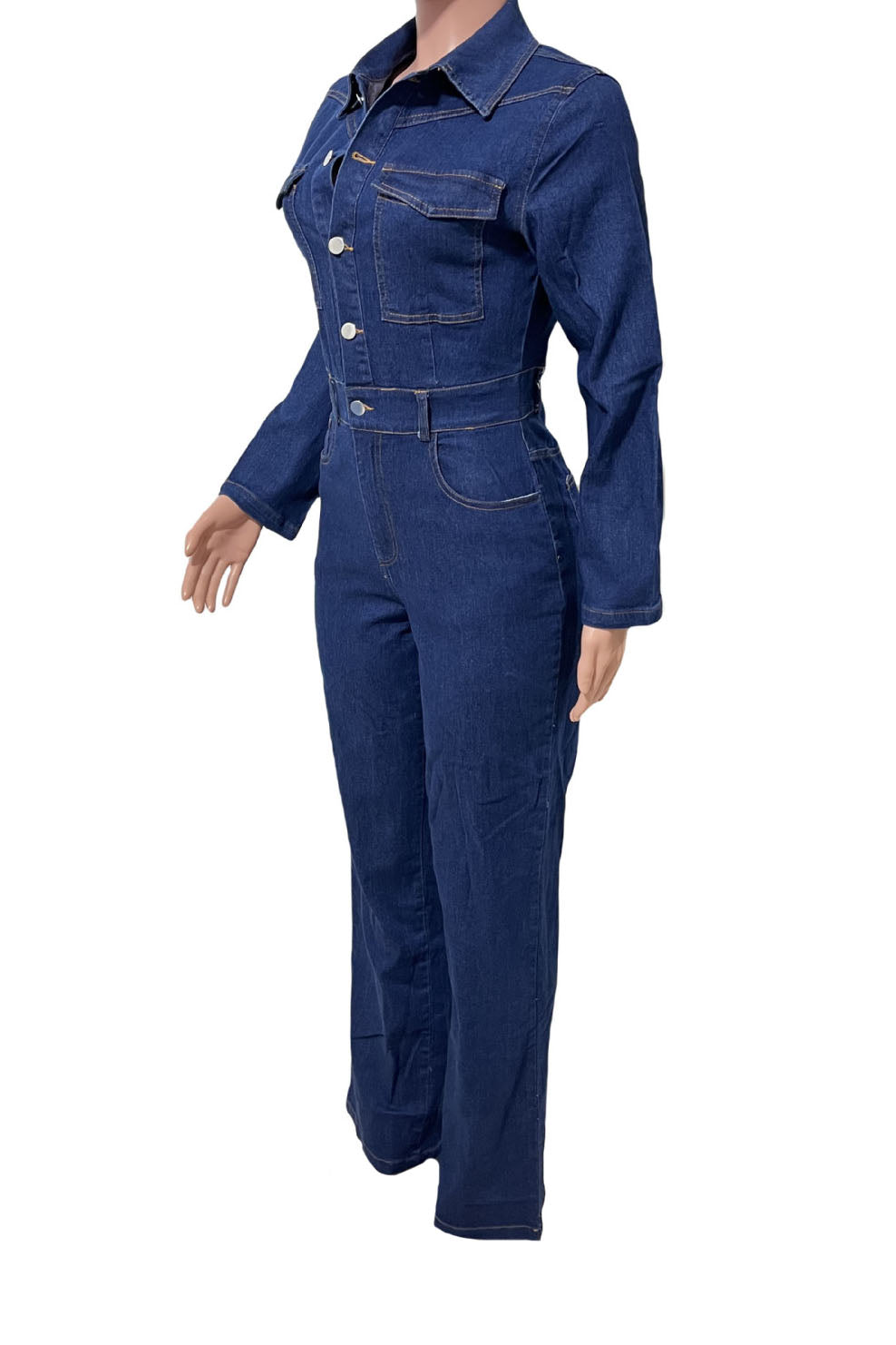 Stretch Flare Leg Long Sleeve Denim Jumpsuit Lavish Daily