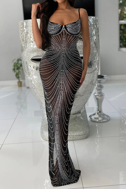 Sheer Rhinestone Bustier Maxi Dress Lavish Daily