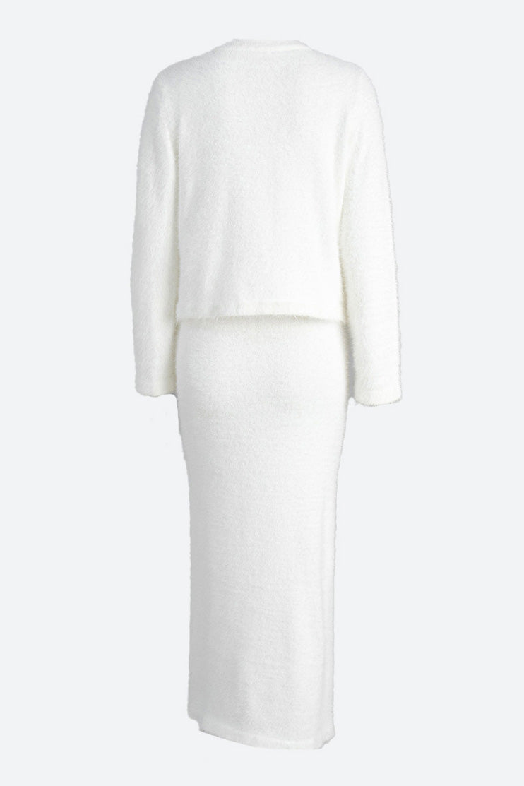 Fuzzy Long Sleeve Button Cardigan and Skirt Set Lavish Daily