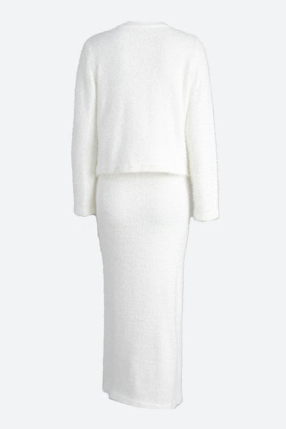 Fuzzy Long Sleeve Button Cardigan and Skirt Set Lavish Daily