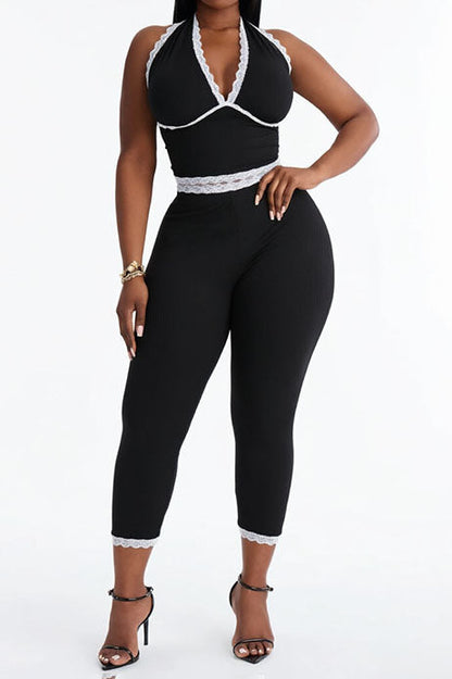 Lace Trim Ribbed Capri Set Lavish Daily