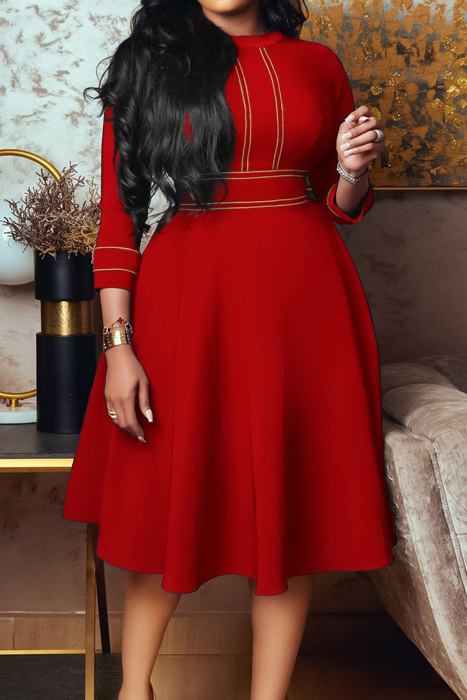 Contrast-Trim Fit-and-Flare Midi Dress Lavish Daily