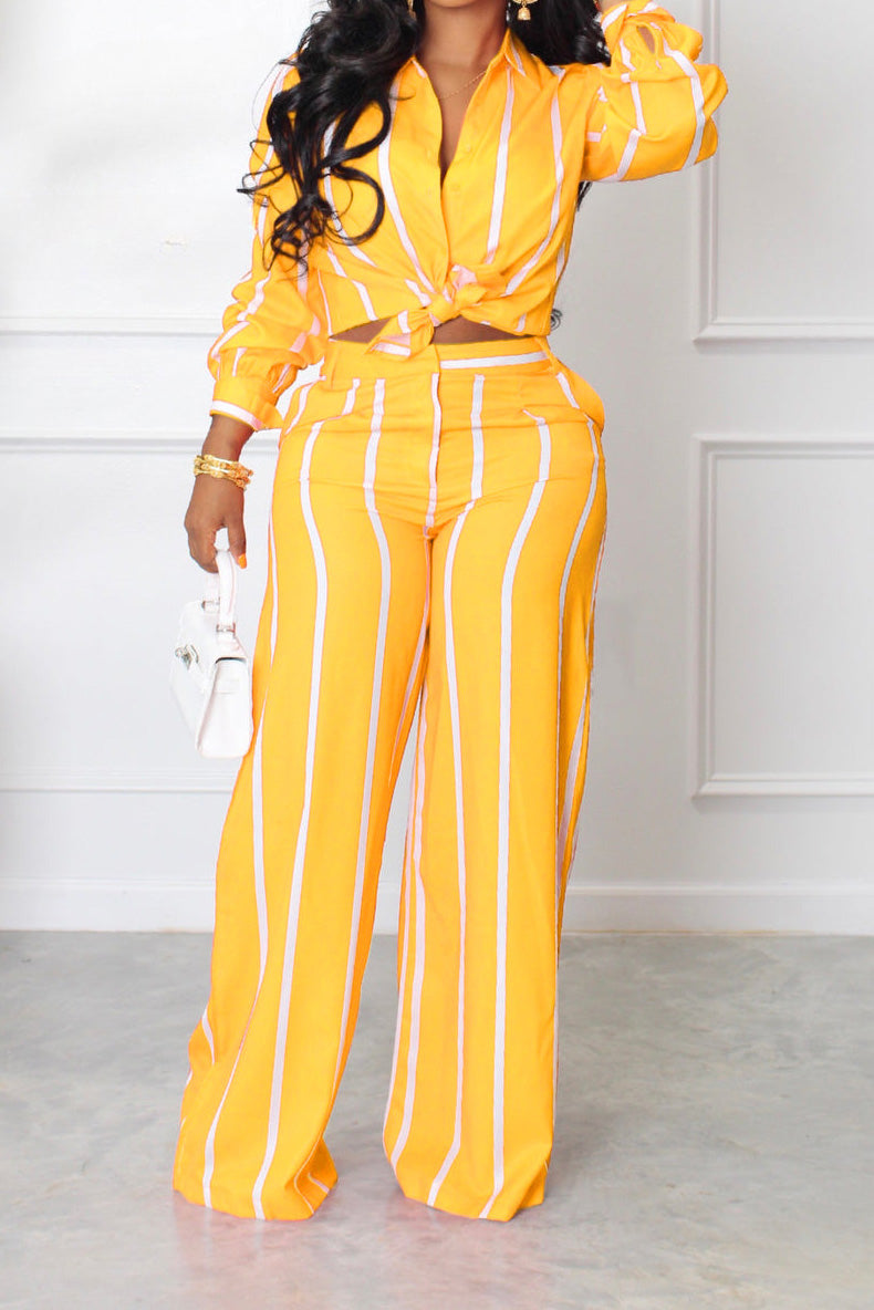 Long Sleeve Loose Printed Striped Shirt Set Lavish Daily