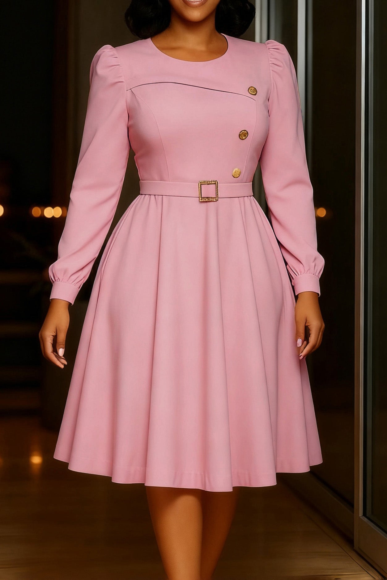 Round Neck Long Sleeve A-Line Dress Lavish Daily