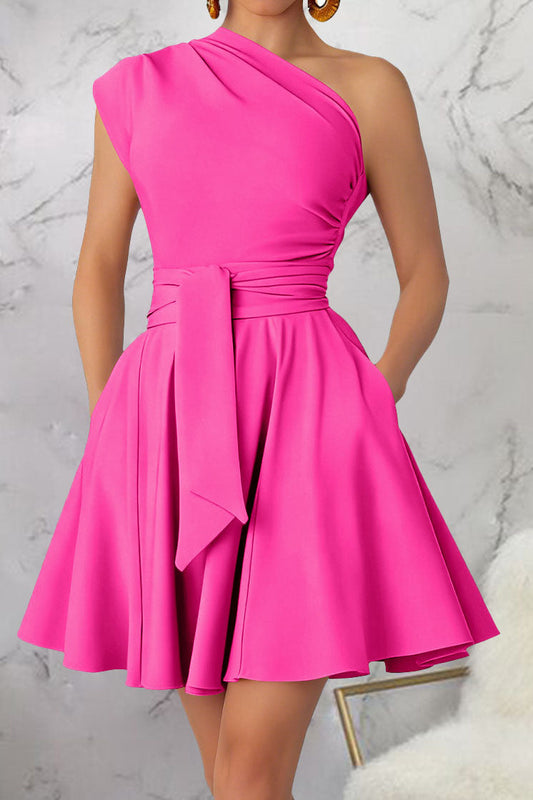 One-Shoulder Tie-Waist Pleated Mini Dress Lavish Daily