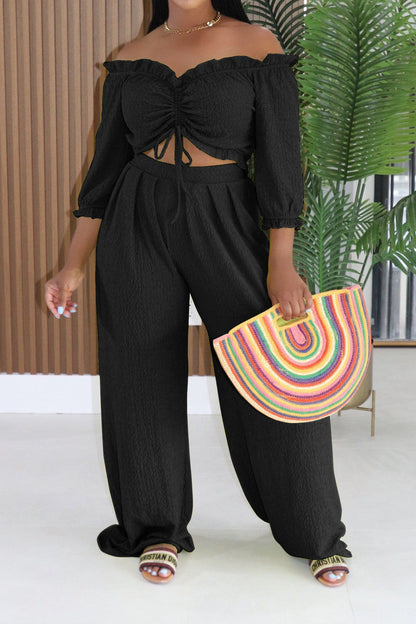 Textured Off-Shoulder Ruched Top & Wide Leg Pants Set Lavish Daily