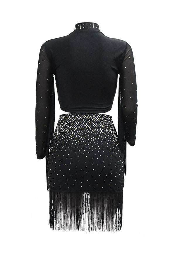 Rhinestone Mesh Fringe Skirt Set Lavish Daily