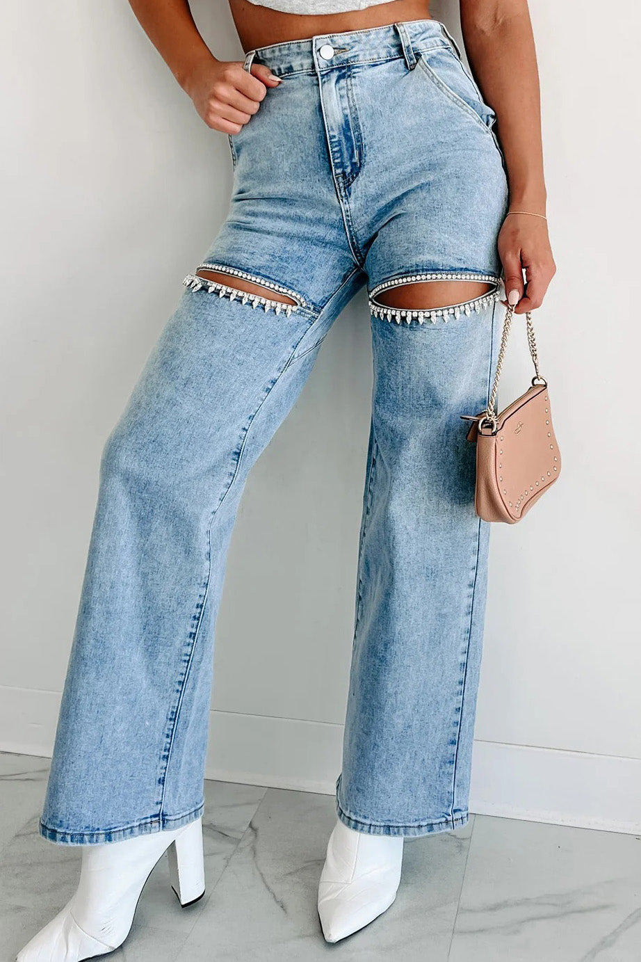 Washed Denim Rhinestone Cutout Jeans Lavish Daily