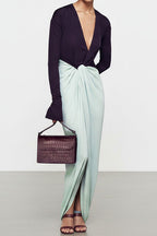 Deep V Neck Long Sleeve Slit Maxi Dress LavishDaily