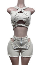Denim Top & Cut Out Shorts Set Lavish Daily